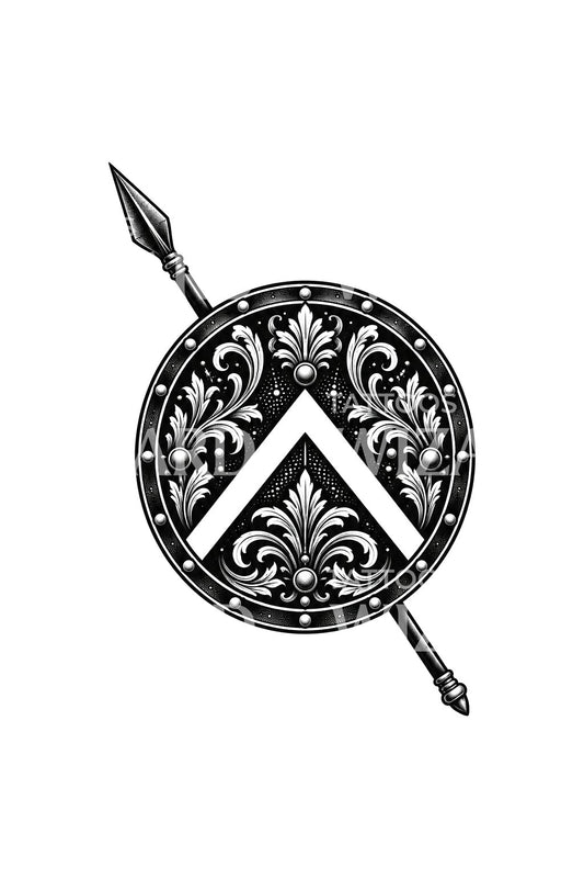 Desain Tato Ornamental Perisai dan Tombak Sparta