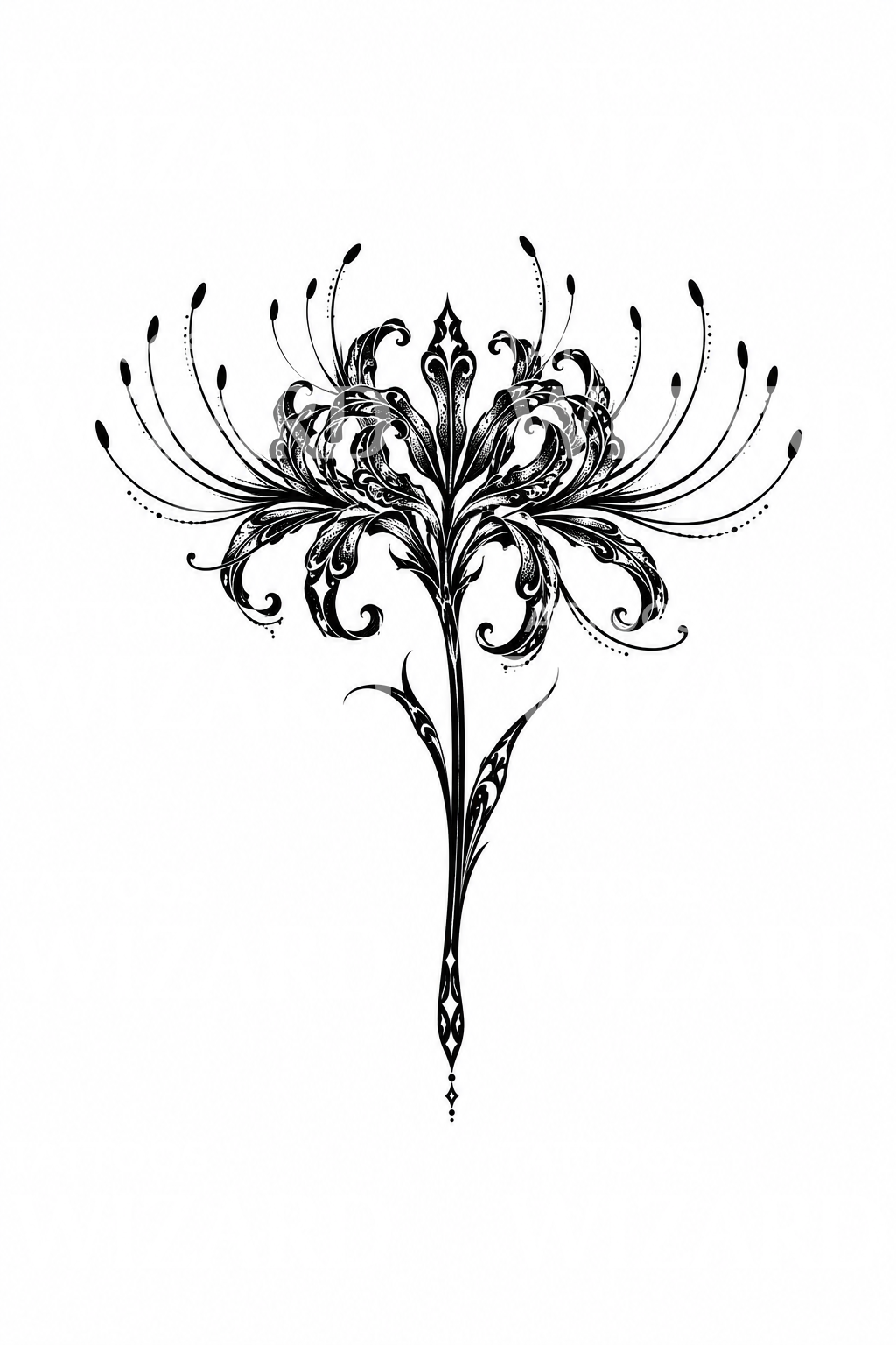 Ορνამენტικό τατουάζ spider lily σε blackwork
