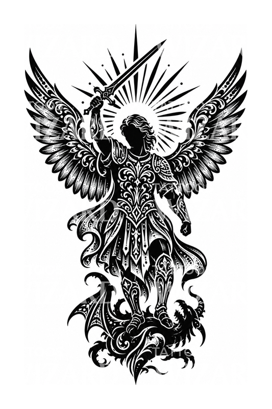 Siluet Ornamental Santo Mikhael dengan Pancaran Matahari