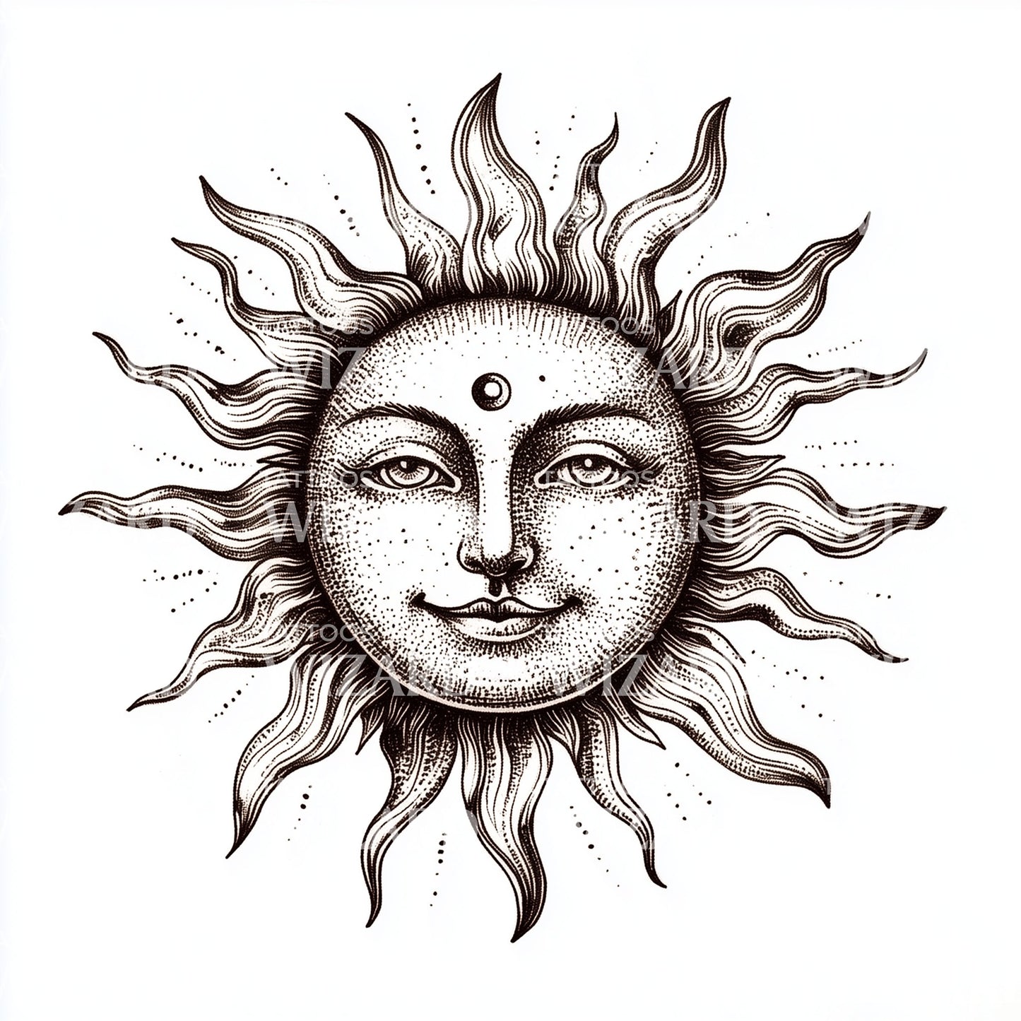 Ornamental Sun Face in Dotwork Style Tattoo Idea