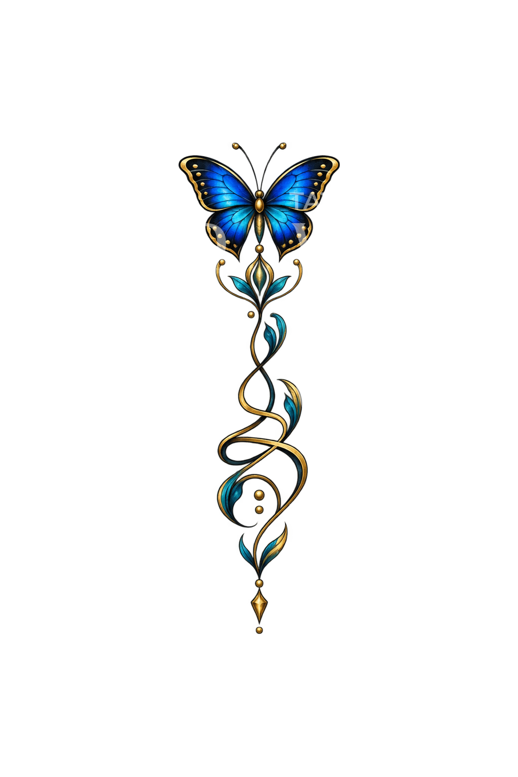 Ornamentales Unalome mit blauem Schmetterling Tattoo