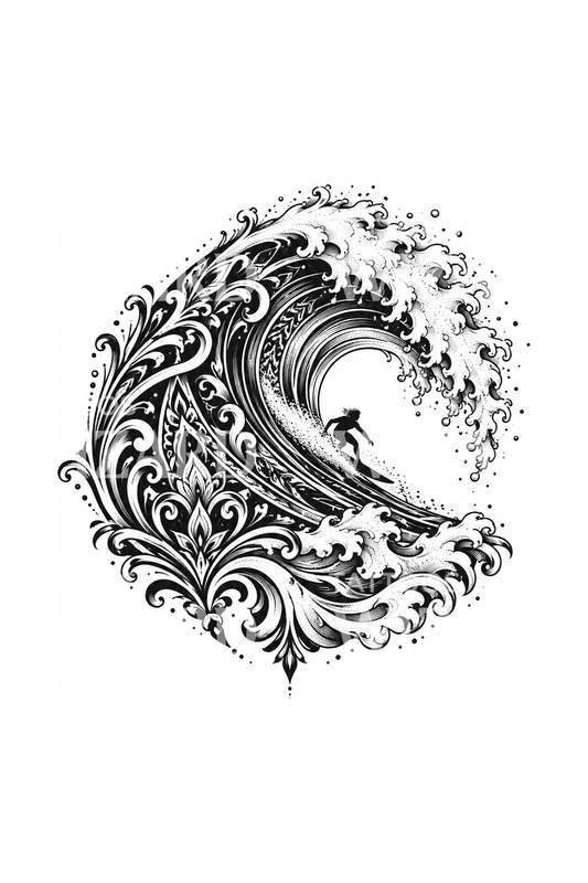 Ornamental dalga ve sörfçü blackwork dövmesi