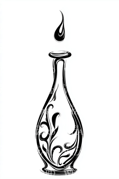 Design di tatuaggio con bottiglia alchemica ornata