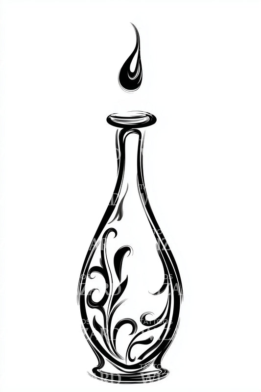 Design di tatuaggio con bottiglia alchemica ornata