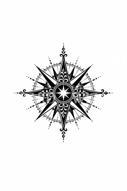 Ornamentální blackwork tetování kompasové růžice