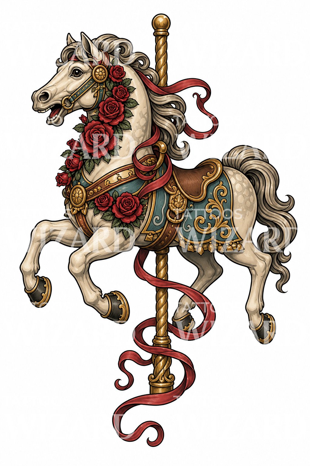 Diseño de tatuaje de caballo de carrusel ornamentado