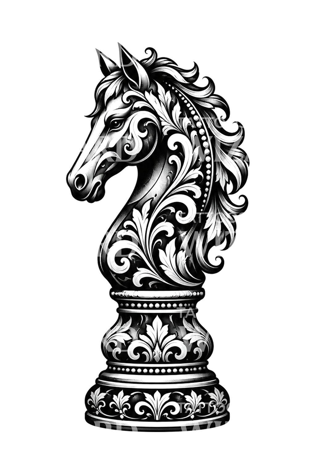 Ornate Chess Knight Blackwork Tattoo Design