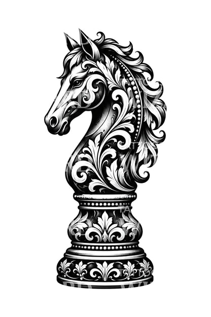 Ornate Chess Knight Blackwork Tattoo Design