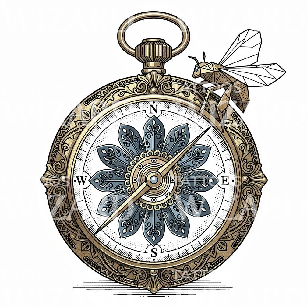 Udsmykket Kompas Bi Tattoo Design