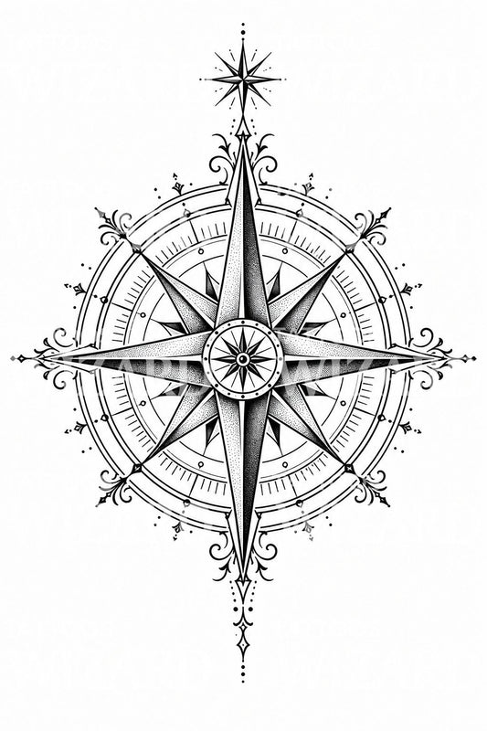 Ornamenteret kompasrose tatoveringsdesign
