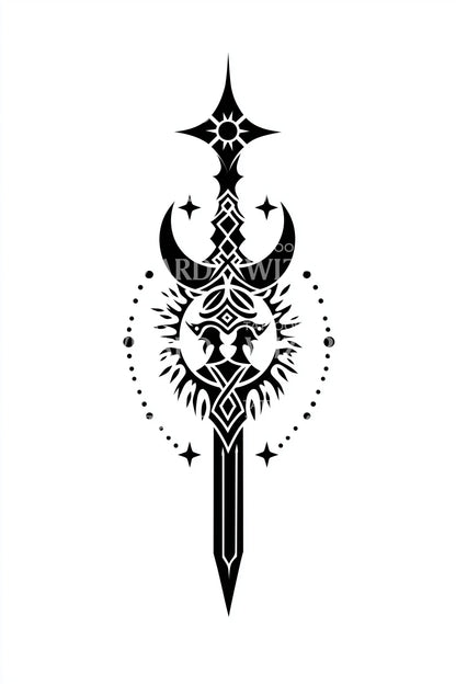 Design di tatuaggio con pugnale a mezzaluna ornato