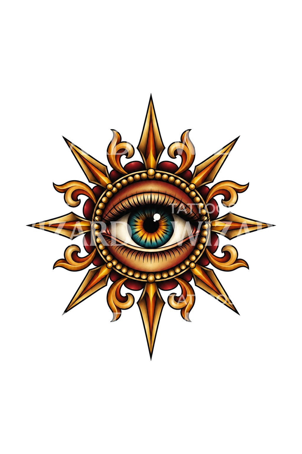 Tatouage d’un œil orné dans un halo solaire