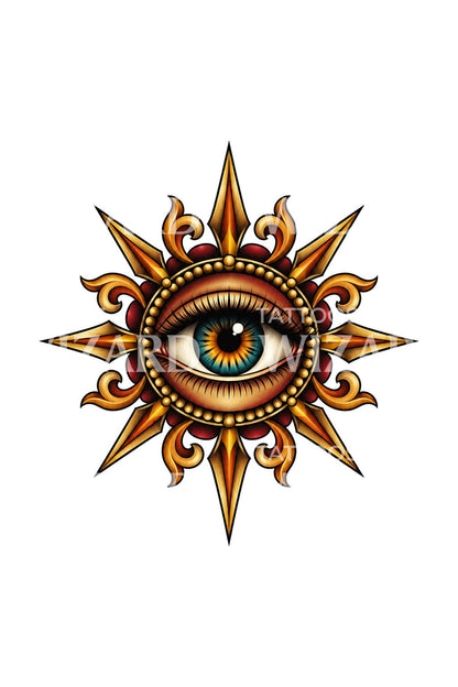 Tatouage d’un œil orné dans un halo solaire
