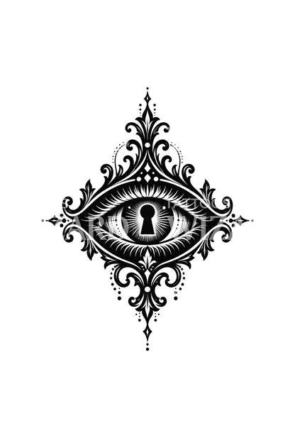 Desain tato blackwork mata ornamen dengan pupil berbentuk lubang kunci