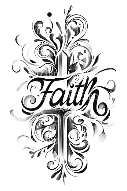 Ornate Faith Cross Tattoo Illustration