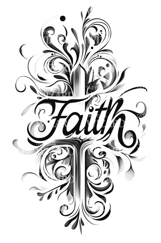 Ornate Faith Cross Tattoo Illustration