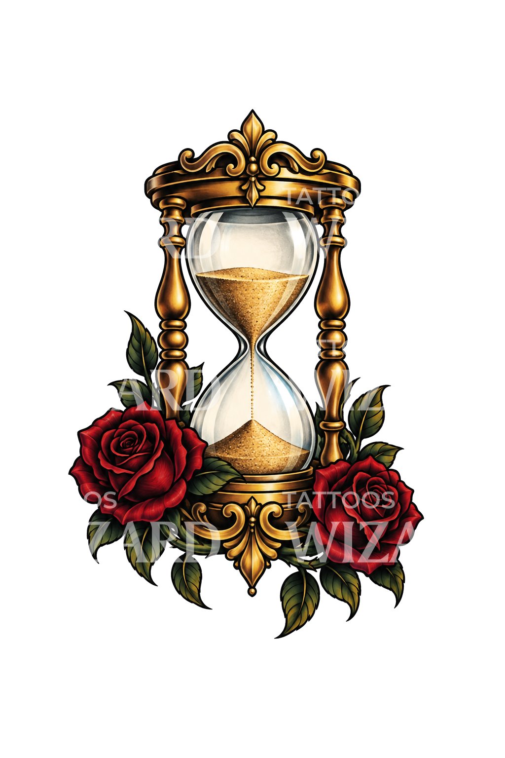 Sierlijke gouden zandloper met rode rozen, tattoo-ontwerp
