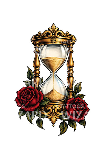 Sierlijke gouden zandloper met rode rozen, tattoo-ontwerp