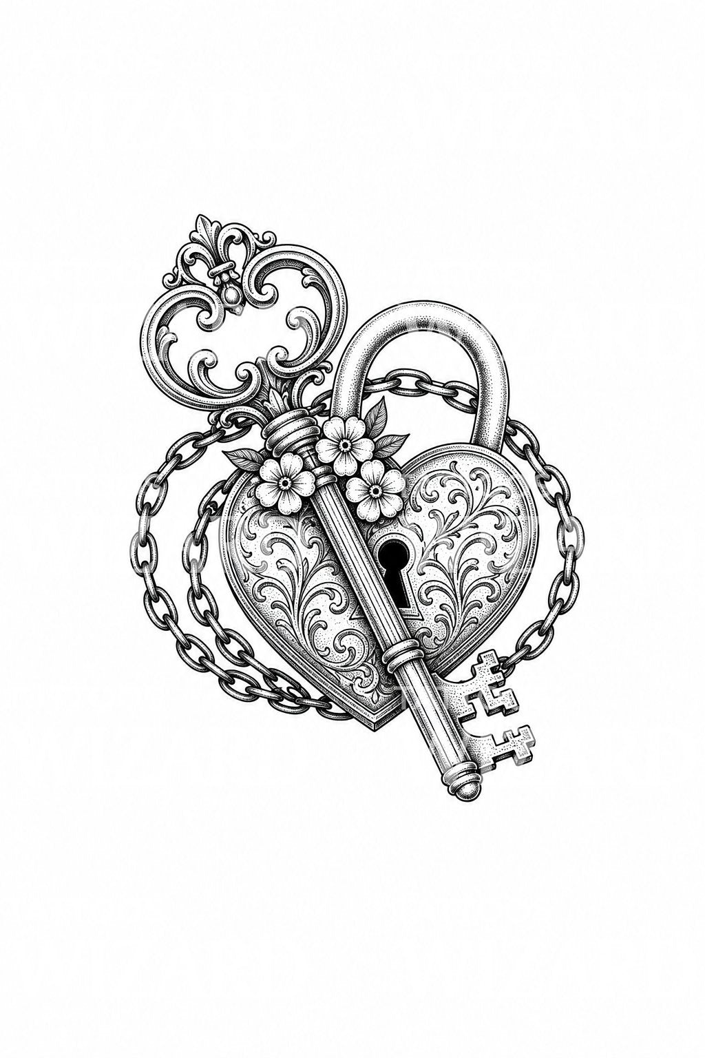 Ornate Key and Heart Lock Tattoo Design
