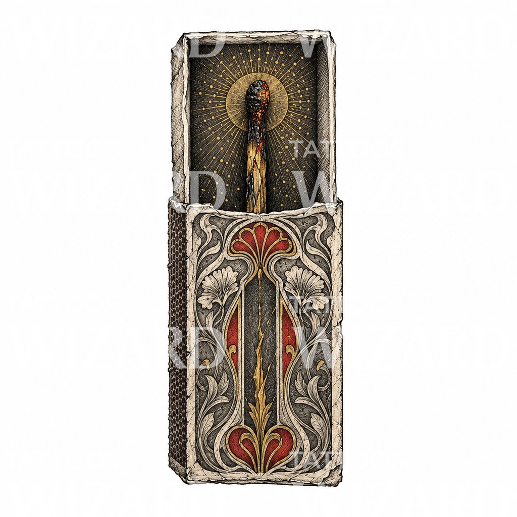 Ilustración ornamental de caja de cerillas para tatuaje