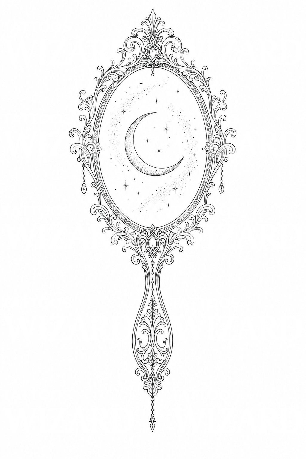 Tattoo-Design mit verziertem Mond-Handspiegel