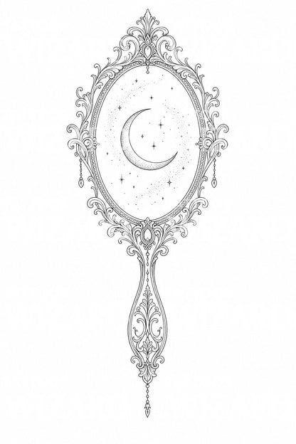 Tattoo-Design mit verziertem Mond-Handspiegel