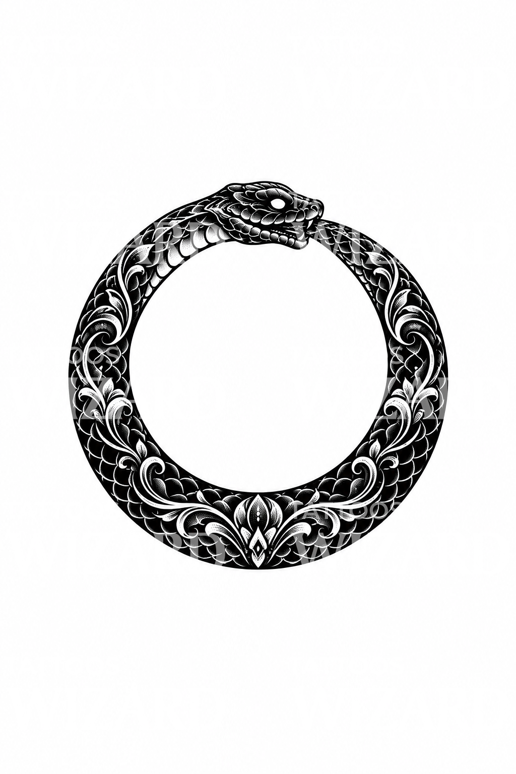 Ornamenteret ouroboros-slange i blackwork