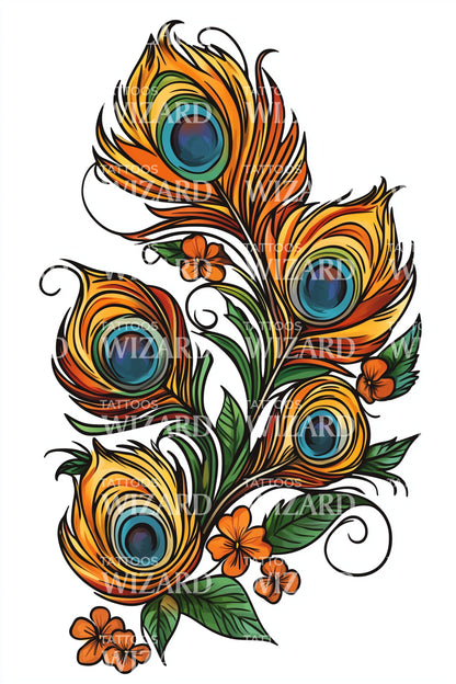 Орнаментальный дизайн татуировки с перьями павлина