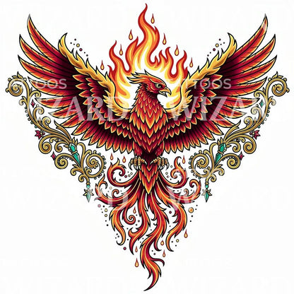 Ornate Phoenix Flames Tattoo Design