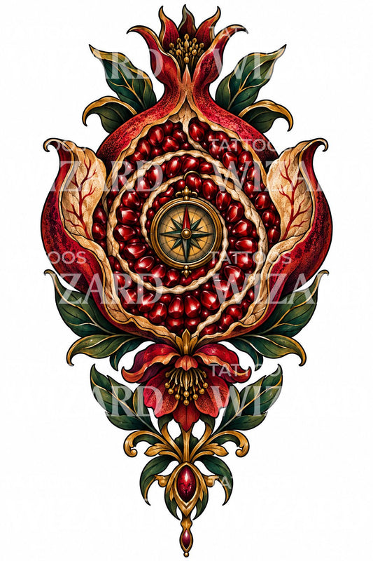 Ornate Pomegranate Compass Tattoo Design