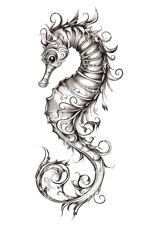 Ornate Seahorse Filigree Tattoo Design