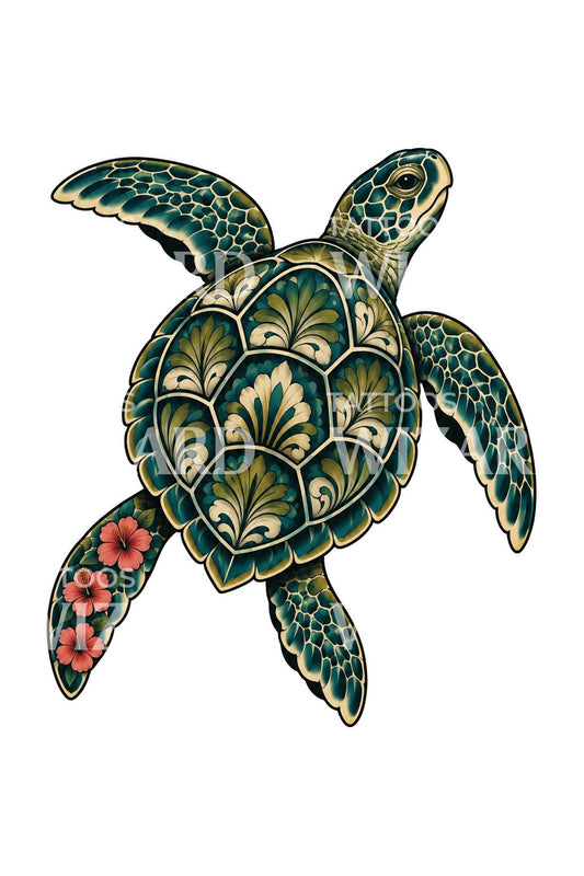 Ornate Shelled Turtle Drifting Tattoo Illustration