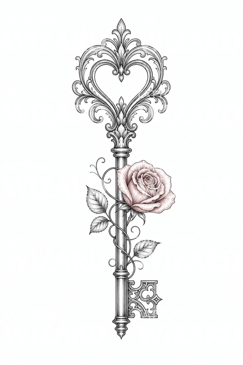 Diseño de tatuaje de llave antigua ornamentada con rosa