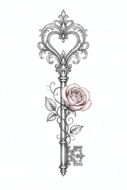 Diseño de tatuaje de llave antigua ornamentada con rosa