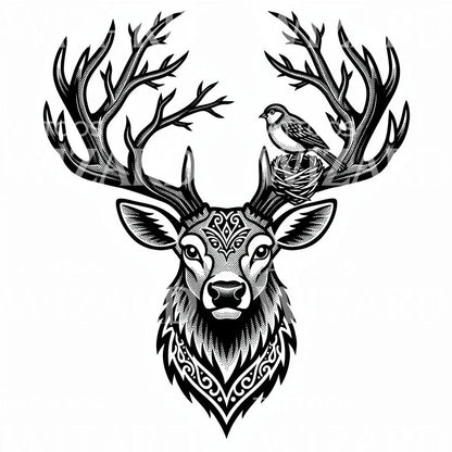 Ornate Stag Antlers Tattoo Design
