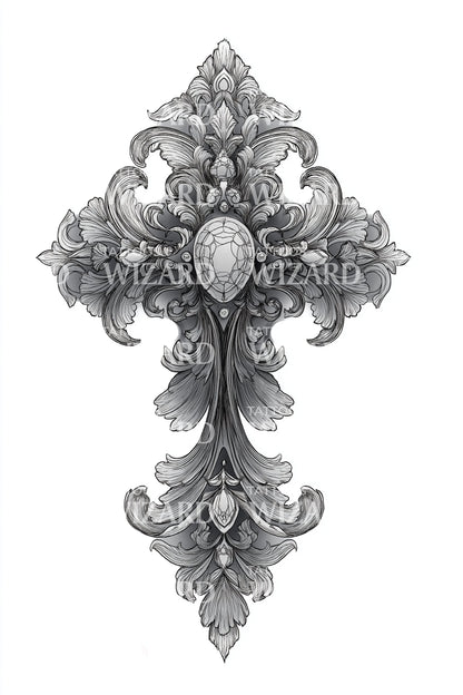 Ornate Stonework Cross Tattoo Design