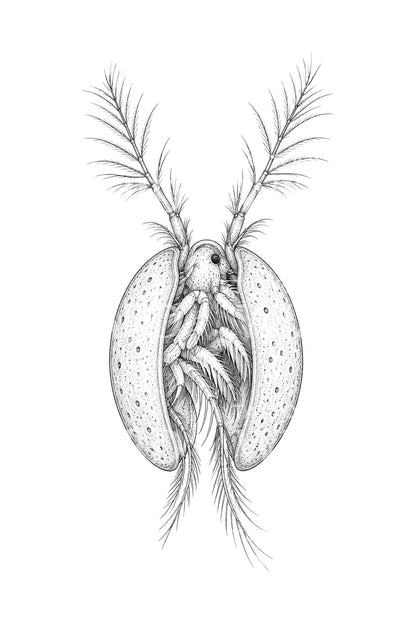 Ilustrace tetování lasturnatky s otevřenou schránkou