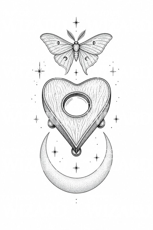 Design de tatuagem de traça com planchette Ouija
