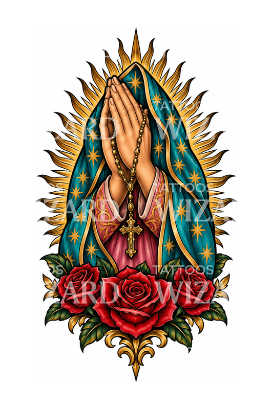 Onze-Lieve-Vrouw van Guadalupe tattoo met biddende handen en rozenkrans