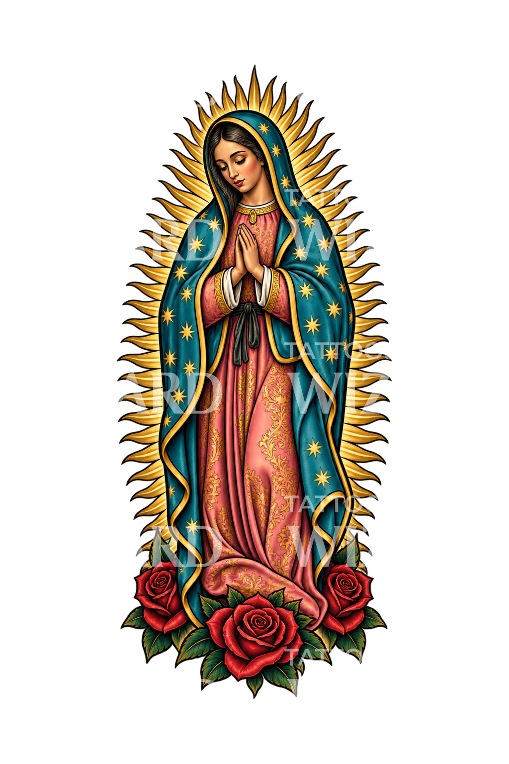 Notre-Dame de Guadalupe aux rayons dorés et aux roses