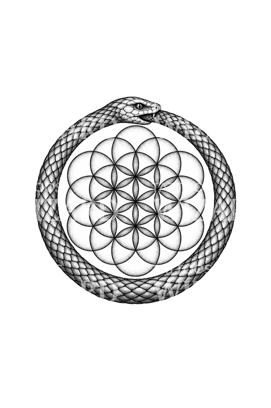 Tattoo-ontwerp met ouroboros rond de Bloem des Levens