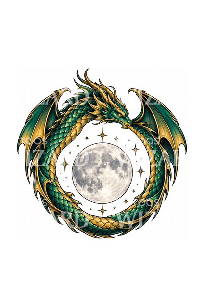 Ouroboros Dragon around a Full Moon Tattoo