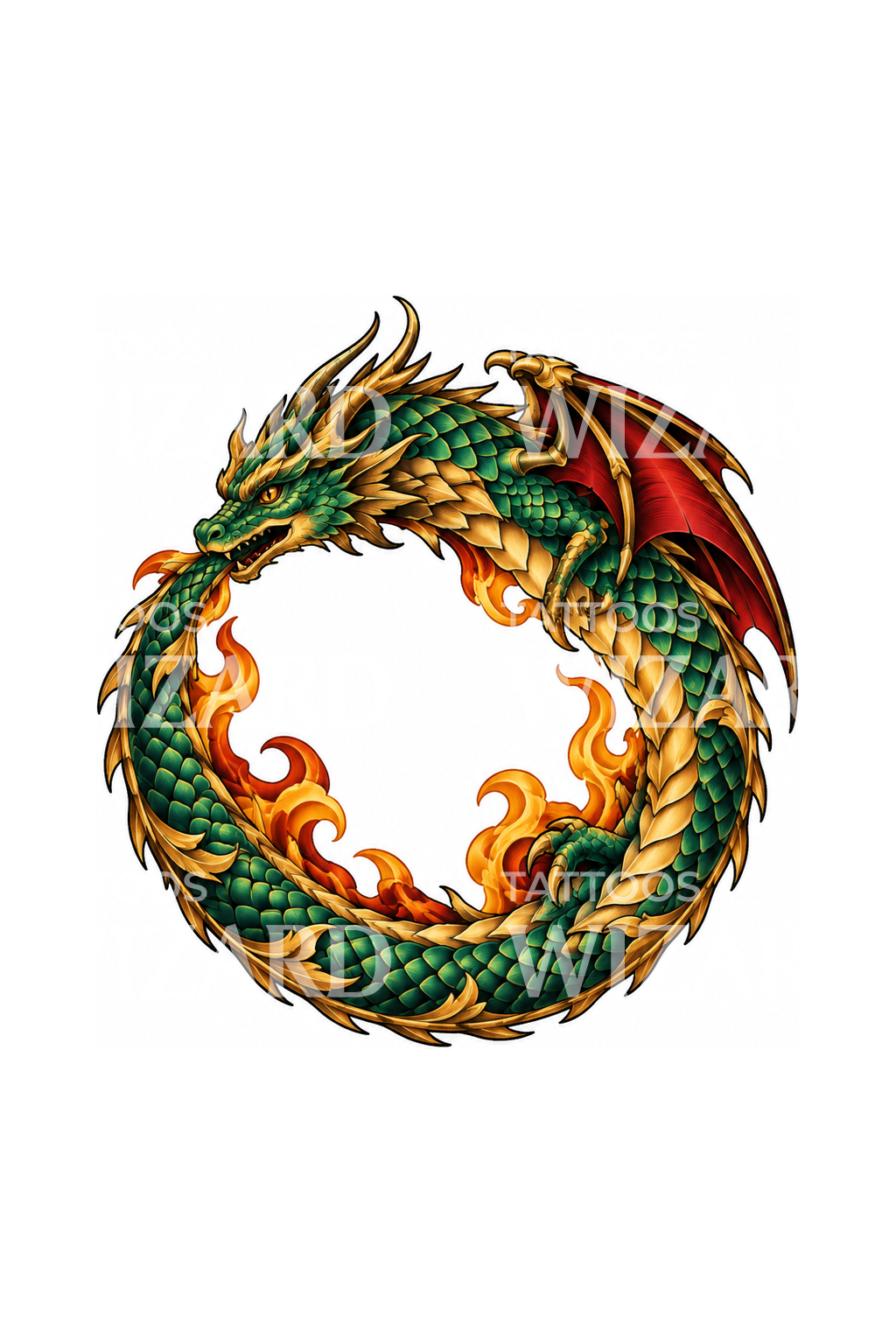 Ouroboros sárkány lángkörben tetoválásminta