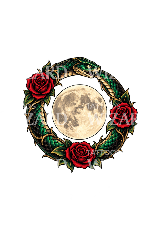 Ouroboros Serpent around Full Moon with Roses Tattoo