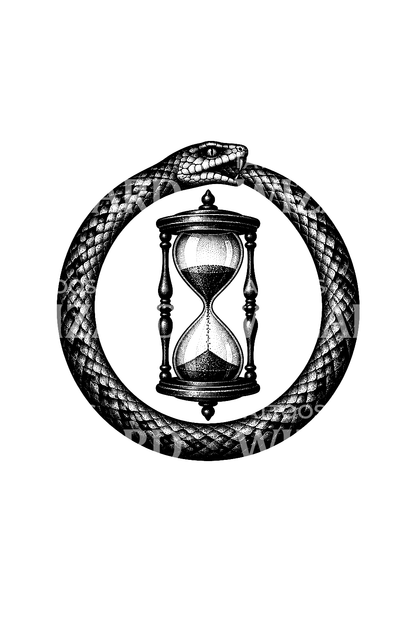 Τατουάζ dotwork με φίδι ουροβόρο γύρω από κλεψύδρα