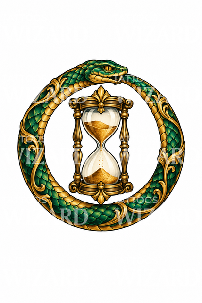 Ouroboros-Schlange um Sanduhr als Tattoo-Illustration