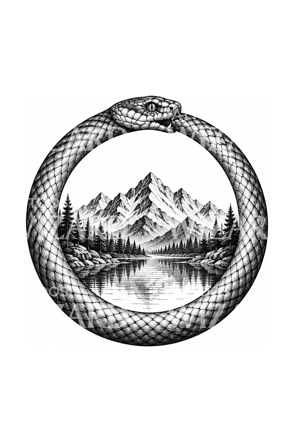 Dotwork-tatovering av ouroboros-slange rundt fjellvann