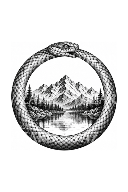 Dotwork-tatovering av ouroboros-slange rundt fjellvann