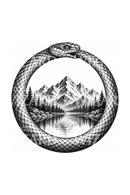 Dotwork-tatovering av ouroboros-slange rundt fjellvann