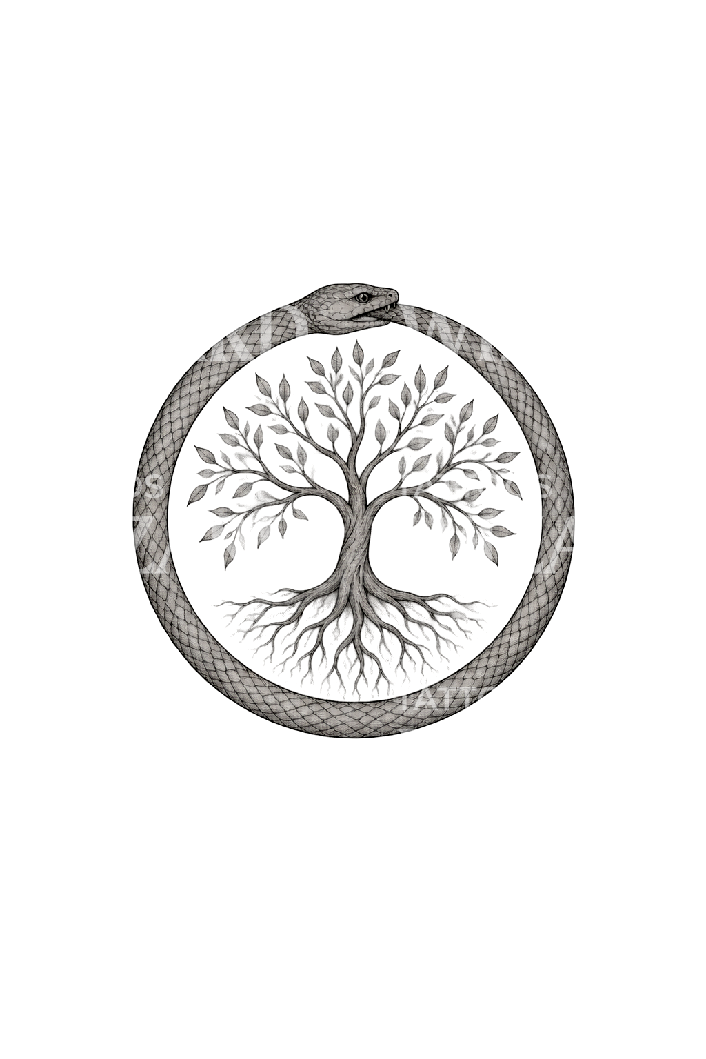 Tato tato garis halus ular ouroboros mengelilingi Pohon Kehidupan